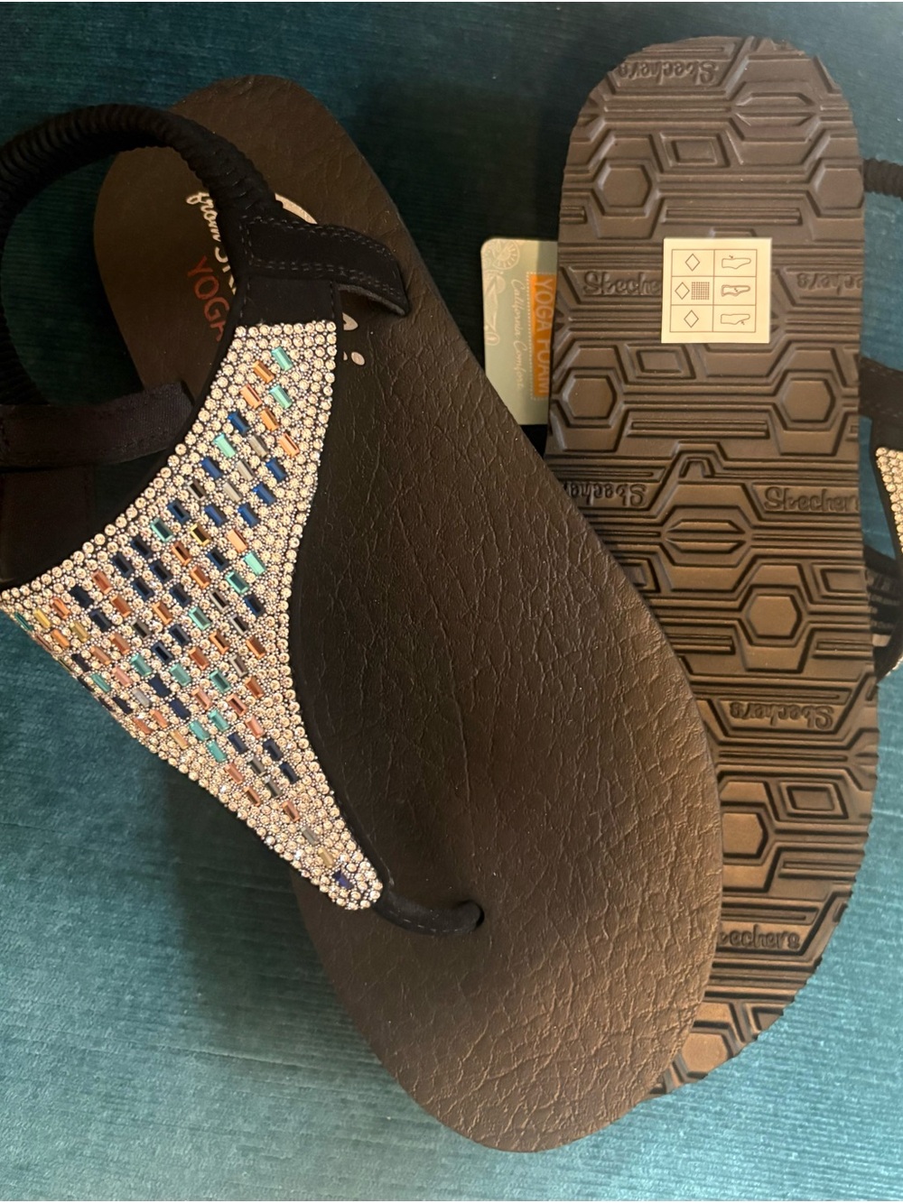 Skechers Black Yoga Foam T-strap Sandals with Multicolor Crystal Accents - Picture 3 of 10